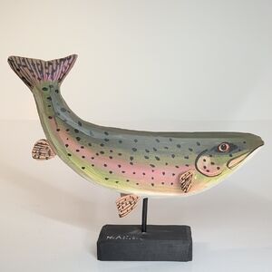 Wood Rainbow Trout Sculpture, Carved Fish Signed McAlister